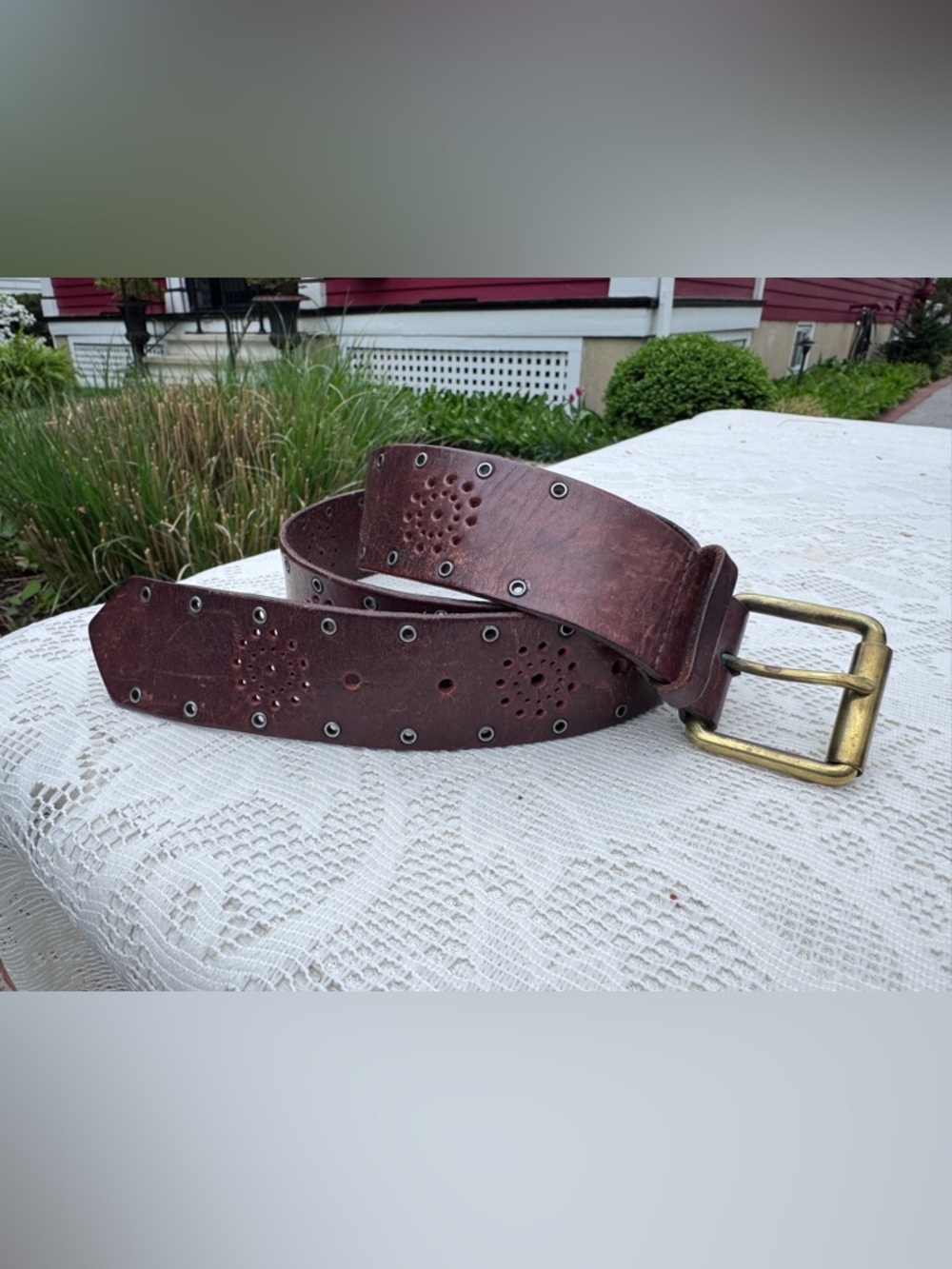 Women's Brown Leather Belt with Decorative Perforation